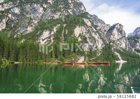 Lago di Braies, beautiful lake in the Dolomites. Lago di Braies, beautiful lake in the Dolomites. 58125682