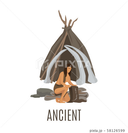 Ancient prehistoric woman working near cave 58126599