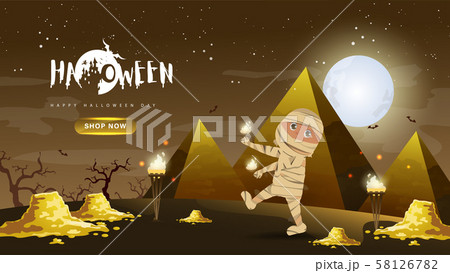 Little Cute Mummy with gold and pyramid on Dark night background.Banner of Happy Halloween Day. Creative and Modern design in EPS10 Vector Illustration. 58126782