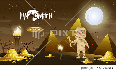 Little Cute Mummy with gold and pyramid on Dark night background.Banner of Happy Halloween Day. Creative and Modern design in EPS10 Vector Illustration. Little Cute Mummy with gold and pyramid on Dark night background.Banner of Happy Halloween Day. Creative and Modern design in EPS10 Vector Illustration. 58126783