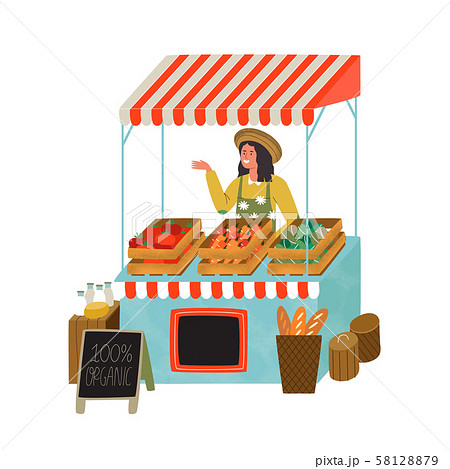 Farmer market stall woman selling organic food 58128879