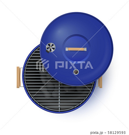 Round blue open barbecue grill top view realistic vector illustration. Unlit coals. 58129593