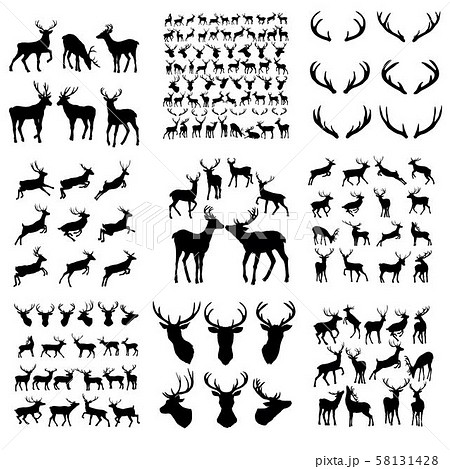 Set of deer. Black silhouette deer isolated on white. Hand drawn vector illustration. deer jump 58131428