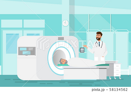doctor standing and man lying down for x-ray with doctor standing and man lying down for x-ray with 58134562