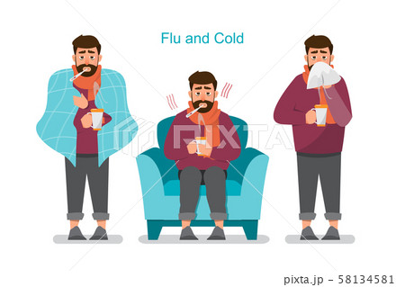 Set of sick people feeling unwell, having cold, 58134581