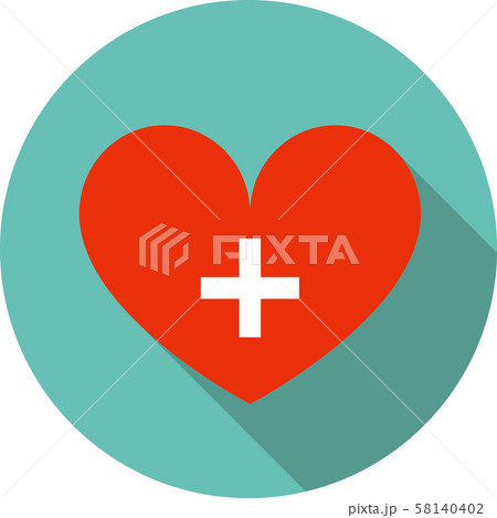 Red heart with medical cross in circle, flat 58140402