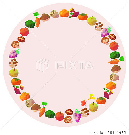 秋野菜 秋の果物 丸フレームのイラスト素材