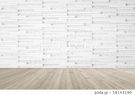 Modern marble tile wall pattern textured background in light white color with wooden floor in sepia brown 58143190