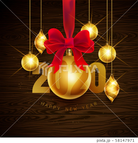 2020, Happy New Year, gold. Greeting card with text 2020 with christmas ball. Background, banner 58147971