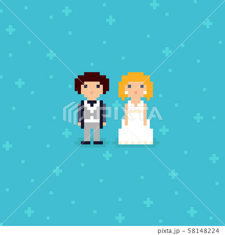 Pixel art wedding couple. Cute characters. Bride and groom on a blue background with crosses and dots. 8-bit vector illustration.  58148224