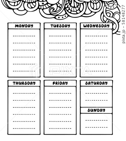 Hand drawing black and white weekly planner template. Cute doodle stationery organizer and schedule for daily plans, diary, schedules. Bullet journal style. Vector illustration. Hand drawing black and white weekly planner template. Cute doodle stationery organizer and schedule for daily plans, diary, schedules. Bullet journal style. Vector illustration. 58148277