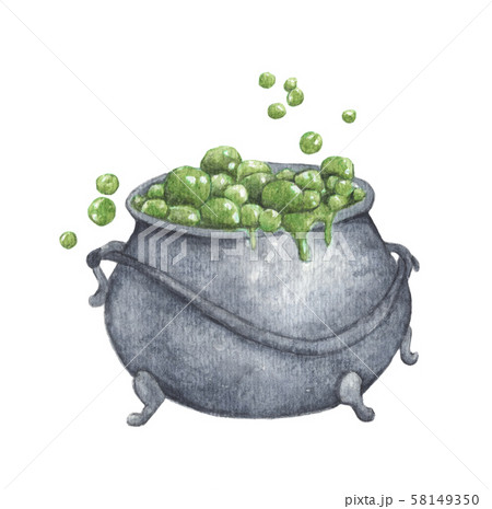 Cauldron witch pot with green poison. Watercolor painting illustration for Halloween. Cauldron witch pot with green poison. Watercolor painting illustration for Halloween. 58149350