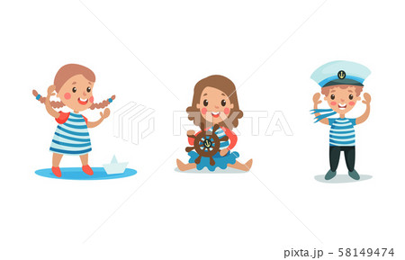 Set Of Vector Illustrations With Three Children Cosplaying Sailors Wearing Suits And Peakless Wisor 58149474