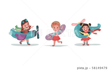 Three Children Cosplaying With Big Toy Models Of Airplane, Helicopter And False Wings Vector Three Children Cosplaying With Big Toy Models Of Airplane, Helicopter And False Wings Vector 58149479