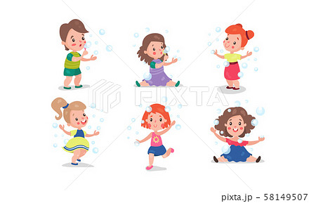Set Of Six Vector Illustrations With Children Entertainments With Bubble Blower Set Of Six Vector Illustrations With Children Entertainments With Bubble Blower 58149507