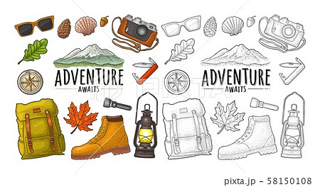 Travel set for outdoor recreation. Vector vintage engraving 58150108