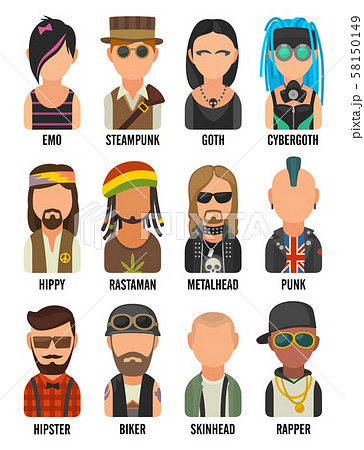 Set icon different subcultures people. Hipster, raper, emo, rastafarian, punk, biker, 58150149