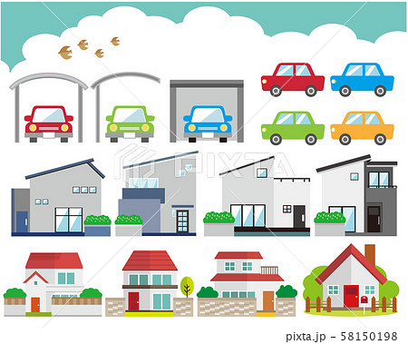 住宅　家　イラスト　一軒家　マイホーム　シンプル　車　自動車 空 58150198