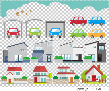 住宅　家　イラスト　一軒家　マイホーム　シンプル　車　自動車 空 58150198