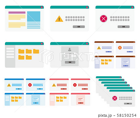 パソコン　窓　ウインドウ　ポップアップ　パソコン画面　ポップアップメニュー　注意画面　セット　素材 58150254