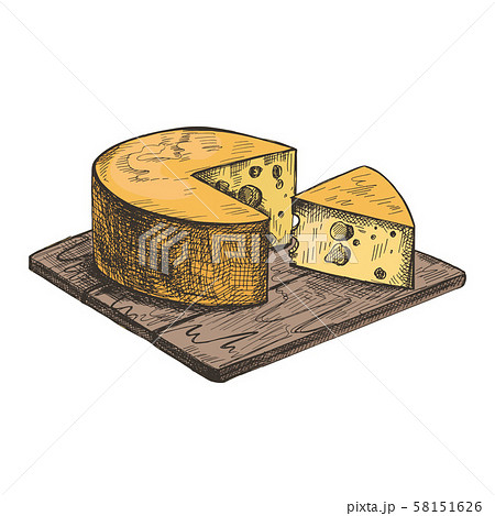 Cheese lies on a wooden cutting board. Vector retro illustration. Cheese lies on a wooden cutting board. Vector retro illustration. 58151626