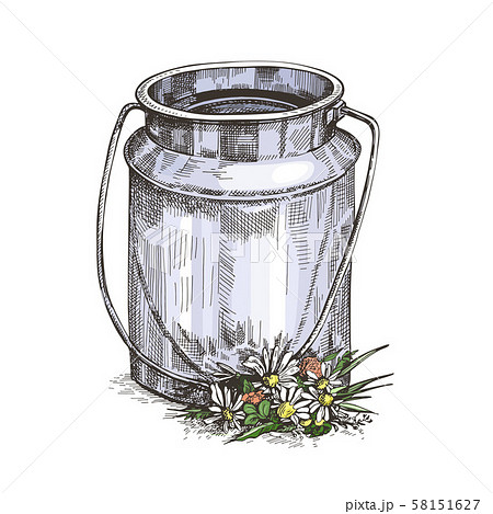 Vector image of milk can and wildflowers. Sketch style drawing. 58151627