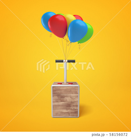 3d rendering of colorful balloons with tnt detonator box on yellow background 58156072