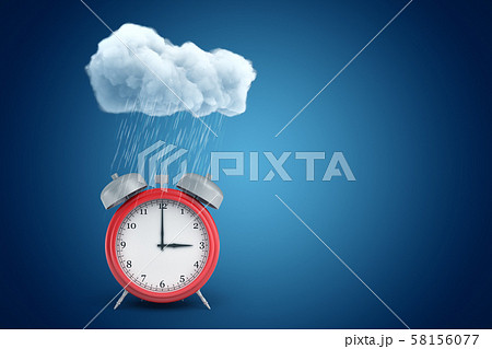 3d rendering of red alarm clock standing under cloud of pouring rain on blue copyspace background. 58156077