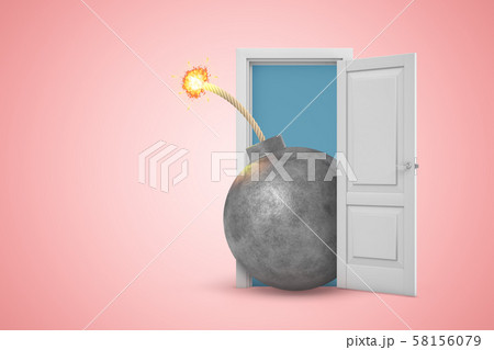 3d rendering of ball bomb with fuse in white doorway on light pink background background 58156079