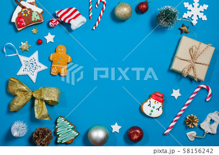 Christmas decorations top view on the blue background Christmas decorations top view on the blue background 58156242