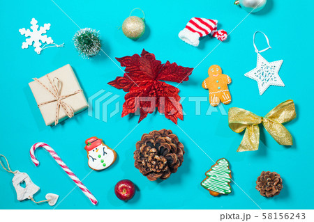 Christmas decorations top view on the blue background Christmas decorations top view on the blue background 58156243