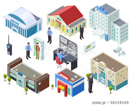 Security system for various public buildings isometric vector collection 58158169