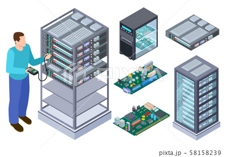 Man tests computer equipment. QA tester, motherboards and data storages vector isometric collection 58158239