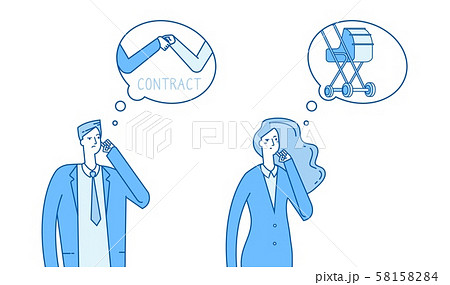Gender stereotypes thinking. Man thinks about work, woman thinks about family vector illustration 58158284
