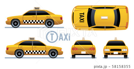 Taxi car. Yellow cab view from side, front, back and top. Cartoon city taxi vector set Taxi car. Yellow cab view from side, front, back and top. Cartoon city taxi vector set 58158355