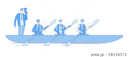 Businessman in boat. Business captain leader people team rowers rowing in waves mission vision 58158573