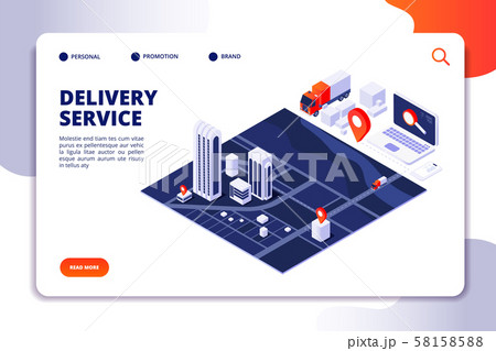 Isometric delivery concept. Logistic truck and shipping service mobile phone app. Vector landing 58158588