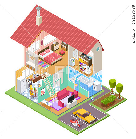 Cutaway house isometric. Housing construction cross section with kitchen bedroom bathroom interior 58158589