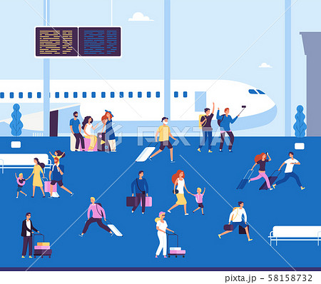 Airport terminal indoor. Couples tourists with suitcase waiting walking in airport terminal 58158732
