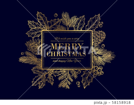 Christmas card. Merry Christmas frame. Festive vector background with gold sketch fir tree branches Christmas card. Merry Christmas frame. Festive vector background with gold sketch fir tree branches 58158918