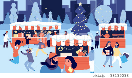 Christmas market. Smiling people with gift boxes on xmas fair. Shopping crowd buys goods on city 58159058