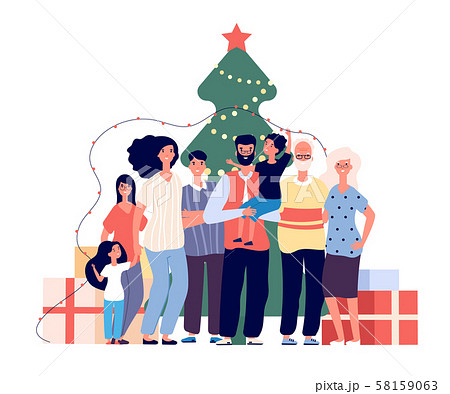 Family at christmas tree. Smiling adults and kids celebrate christmas at home. Xmas and winter Family at christmas tree. Smiling adults and kids celebrate christmas at home. Xmas and winter 58159063