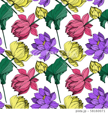 Vector Lotus floral botanical flower. Black and white engraved ink art. Seamless background pattern. Vector Lotus floral botanical flower. Black and white engraved ink art. Seamless background pattern. 58160071