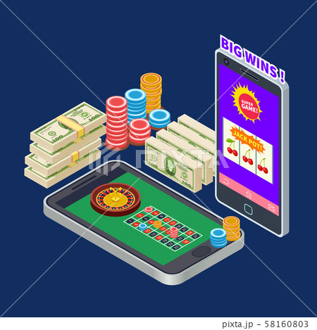 Online casino or gambling with banknotes and chips isometric vector concept 58160803