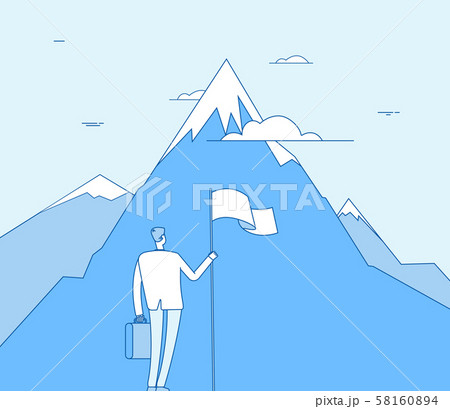 Businessman at mountain. Successful man with flag beginning success achievement. Corporate purpose 58160894