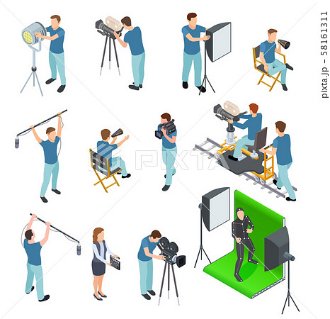 Cinematograph isometric set. People work camera light crew movie video film motion production tv Cinematograph isometric set. People work camera light crew movie video film motion production tv 58161311