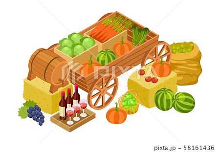 Harvest market concept. Isometric fresh farm products. Vector craft wine, organic vegetables, fruits Harvest market concept. Isometric fresh farm products. Vector craft wine, organic vegetables, fruits 58161436