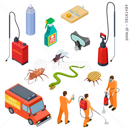 Pest control isometric. Insect fumigation rodent poison exterminator specialist 3d sanitary 58161484