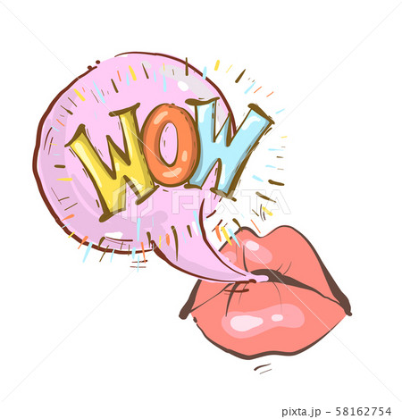 Lips blowing a bubblegum bubble. Vector illustration, word WOW 58162754