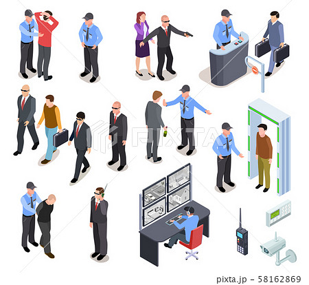 Security system isometric concept. Secure police officer checkpoint access equipment, personal guard 58162869